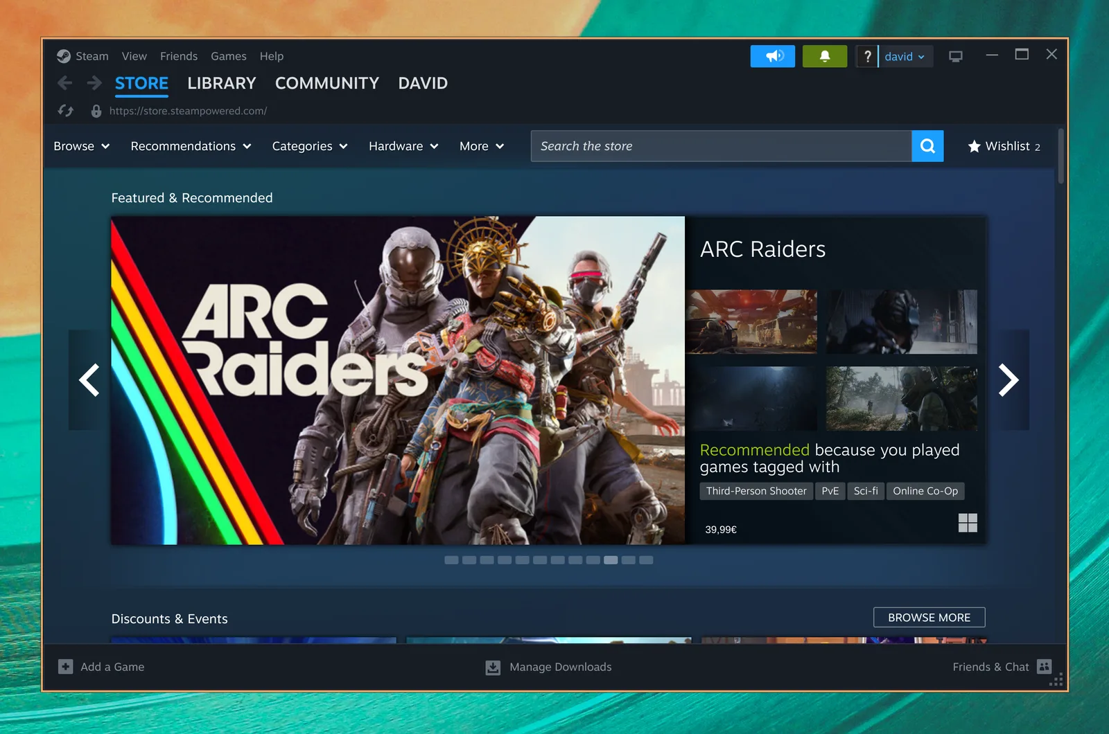 O Steam a mostrar a loja de jogos no Omarchy